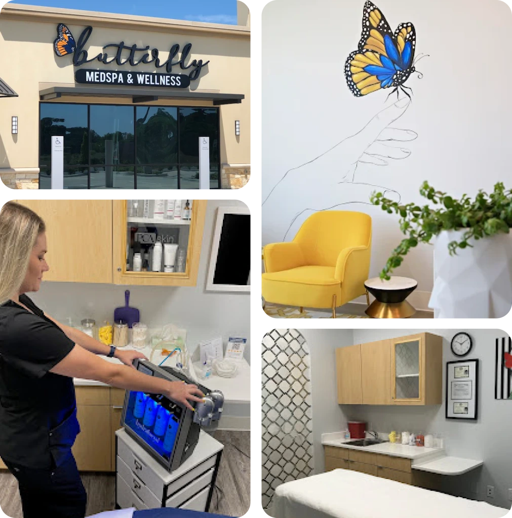 Butterfly Medspa & Wellness storefront, treatment room with ultrasound device, yellow chair with butterfly artwork, and treatment bay with cabinet and wall clock
